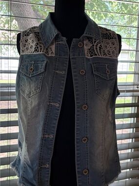 Maurices Blue Denim Vest with White Lace Yoke